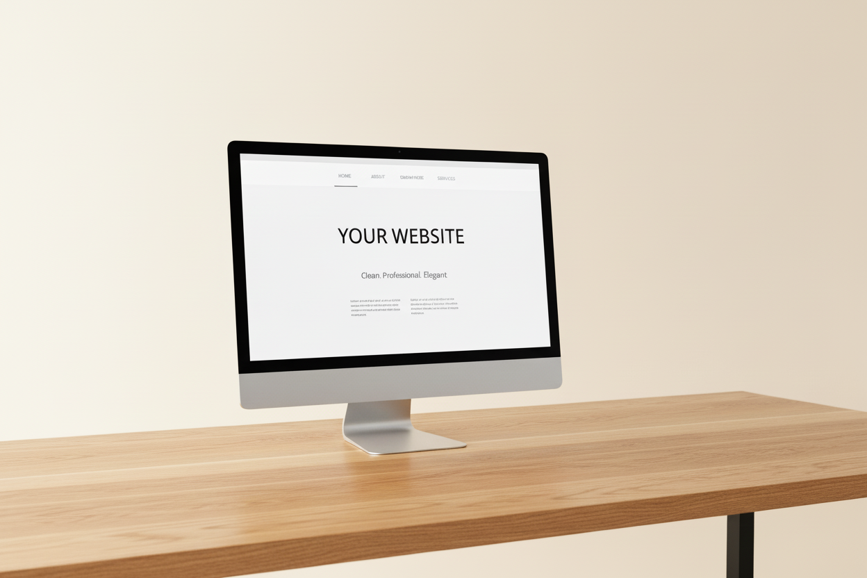 Computer monitor on a wooden desk with a white screen displaying 'YOUR WEBSITE' text. with a cream coloured background
